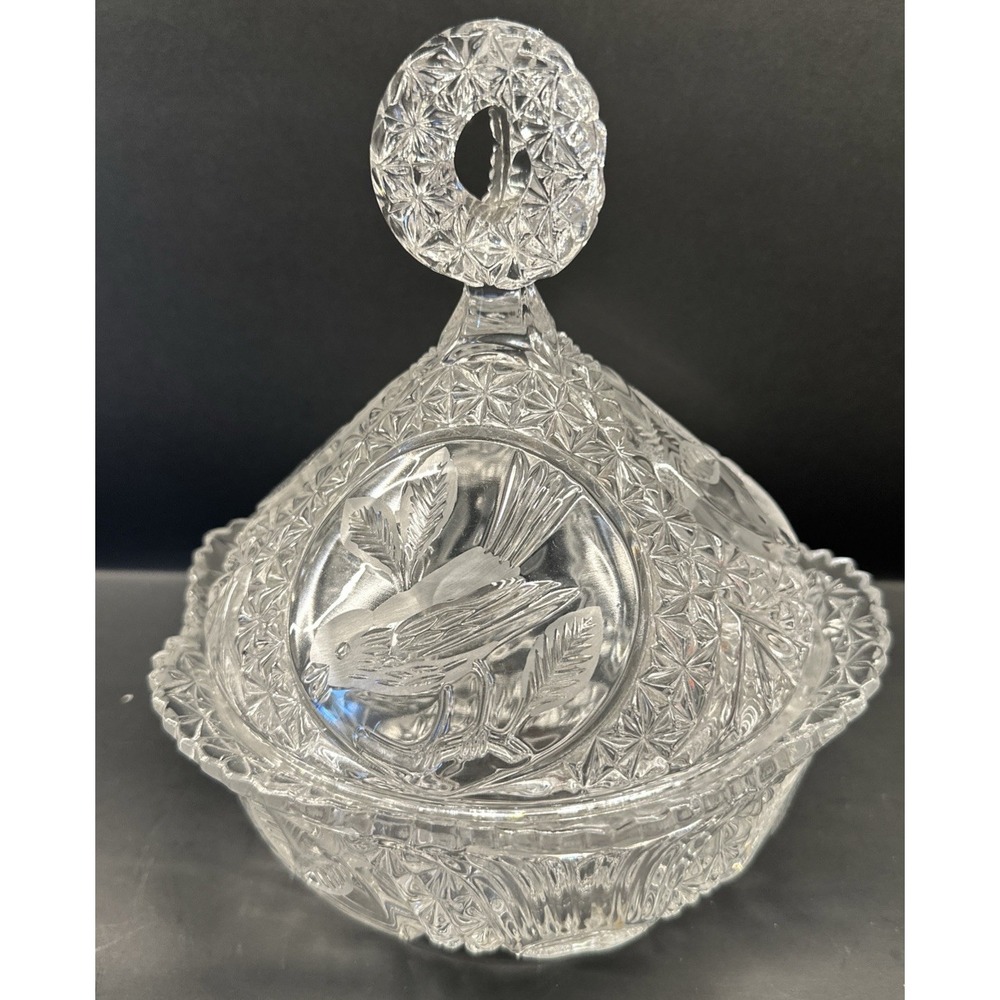 Hofbauer Byrdes Collection Bird Clear Crystal Large Candy Dish Nut Bowl Lid VTG